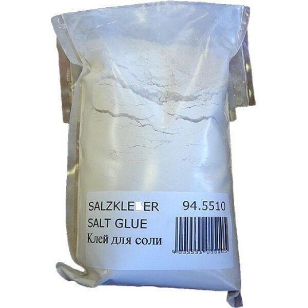 Двухкомпонентный органический клей для кладки соляных кирпичей, плитки, изготовления соляной шубы. Средний расход - 2 кг/м2, упакован в мешки по 3 кг.